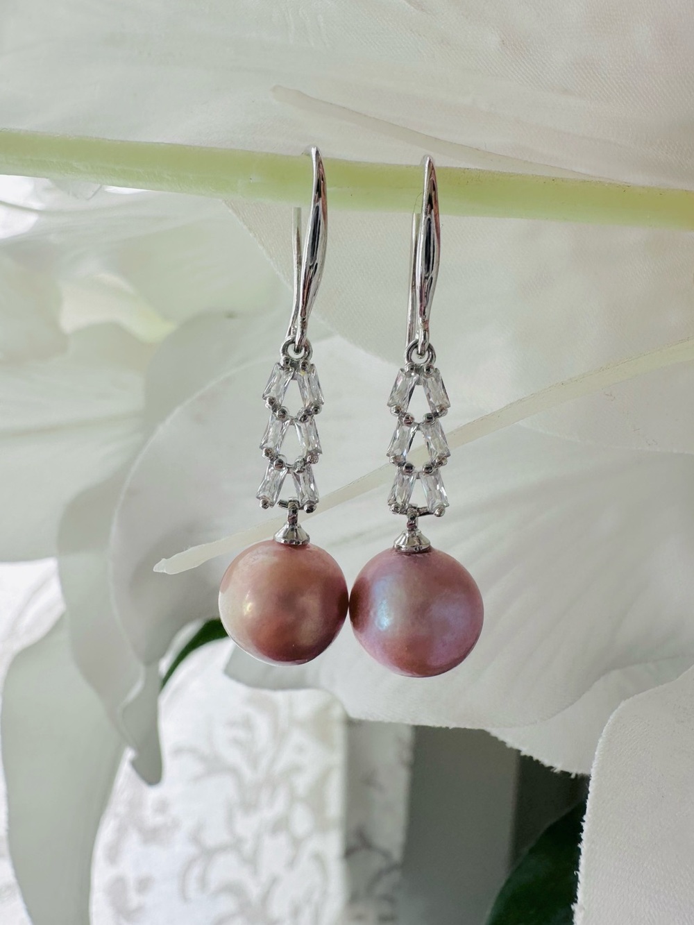 Saltwater Pink Pearl Drop Earrings in Lavender with Crystal Accents 10mm